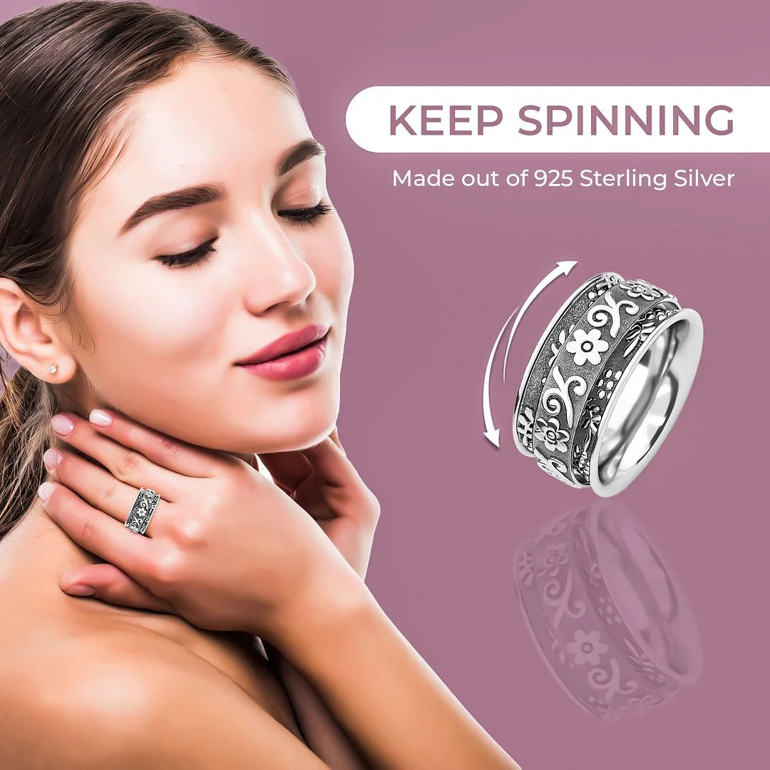 Anxiety Ring for Women 925 Sterling Silver Spinning Spinner Rings for Men Oxidized Floral Flower Concave Boho Jewelry Band Meditation Stress Relief Birthday Gifts for Women Size 11 Birthday